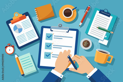 A hand holding a pen, writing on a clipboard, with a coffee cup, notebook, and other office items nearby. Emphasizes the theme of productivity and work focus
