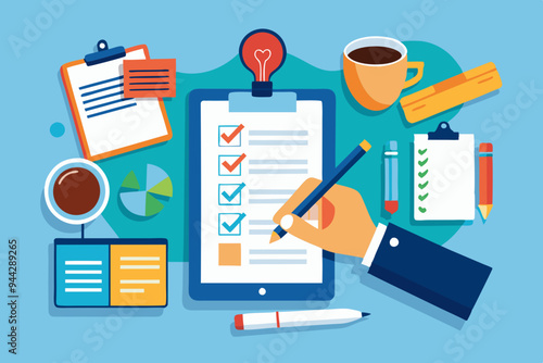 A hand holding a pen, writing on a clipboard, with a coffee cup, notebook, and other office items nearby. Emphasizes the theme of productivity and work focus
