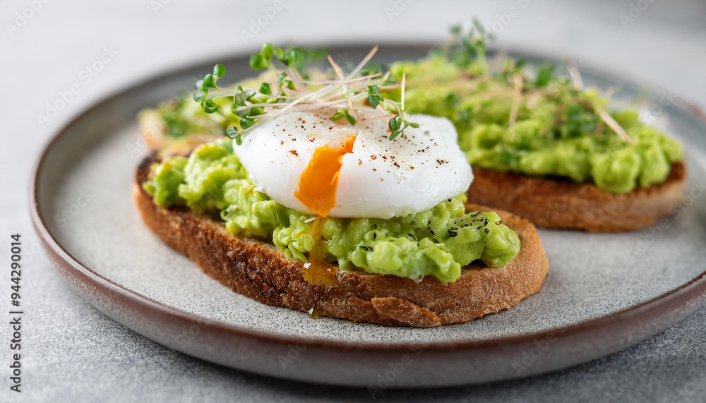Toasted bread with smashed avocado, poached egg and microgreens. Healthy brunch. Tasty food Toasted bread with smashed avocado, poached egg and microgreens. Healthy brunch. Tasty food