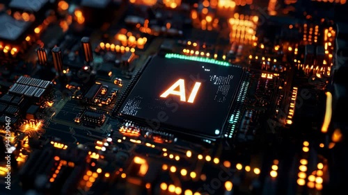 Close-up view of a computer circuit board featuring a glowing microchip labeled 'AI' photo