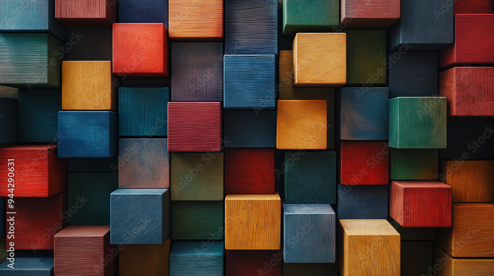 A colorful wall made of wooden blocks A colorful wall made of wooden blocks