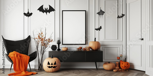 Mockup Frame in Halloween Interior with Autumn Decor, Poster Mockup, Fall Print Mock Up photo