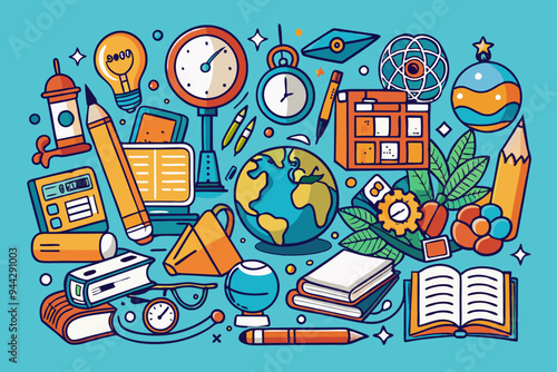 An intricate hand-drawn doodle featuring various objects related to school life, such as pencils, books, a globe, and a clock, representing the detailed and imaginative world of education
