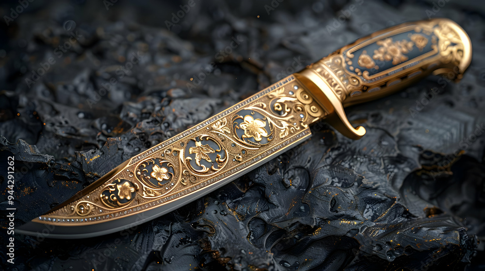 Ornate Golden Dagger on Black Background Illustration Ornate Golden Dagger on Black Background Illustration