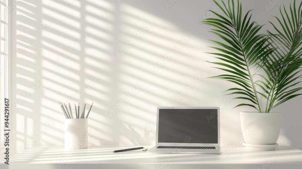 Tranquil office corner with a laptop ready for writing, bathed in natural light for a calm workspace Tranquil office corner with a laptop ready for writing, bathed in natural light for a calm workspace