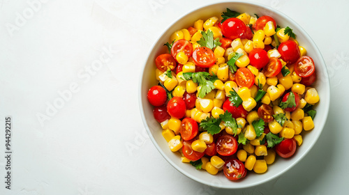 Fresh corn and cherry tomato salad with herbs in a bowl on a white background