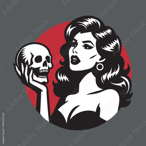 beautiful young brunette vamp woman holding a skull in her hands. Vintage black vector retro illustration. Emblem, tattoo, sticker, print, logo