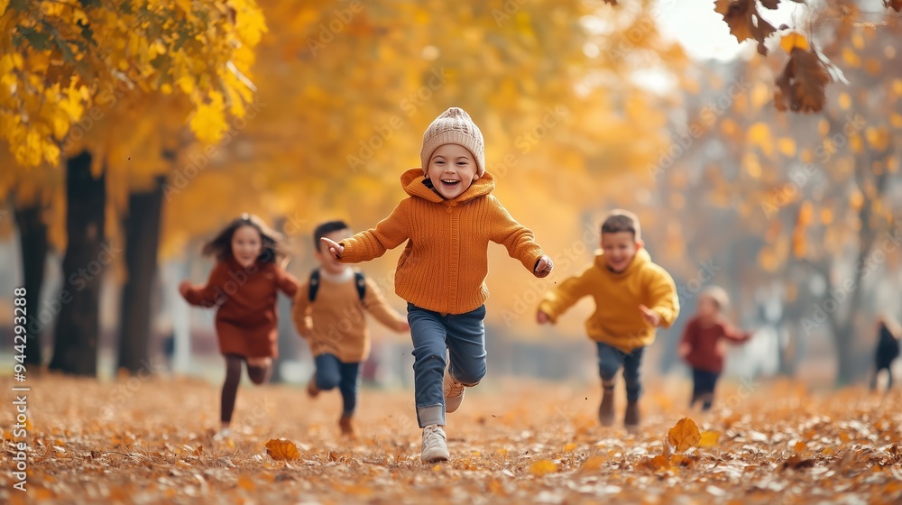 Children joyfully running through a vibrant autumn park surrounded by colorful leaves on a sunny day Children joyfully running through a vibrant autumn park surrounded by colorful leaves on a sunny day