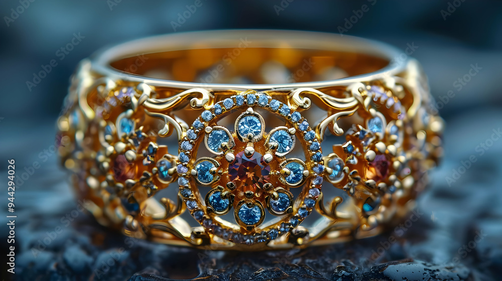 Golden Ring with Blue Gemstones Illustration Golden Ring with Blue Gemstones Illustration