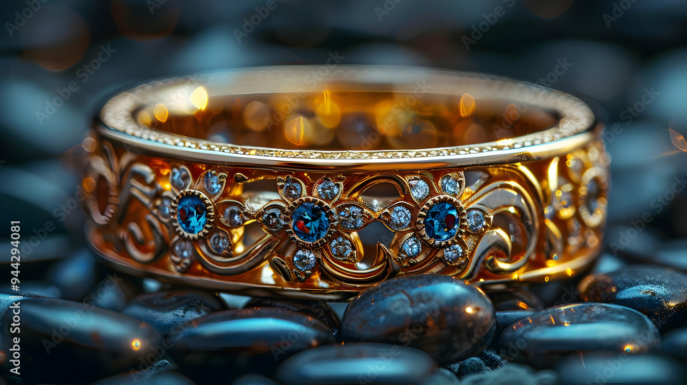 Gold Ring with Blue Gemstones and Diamond Accents - Macro Photography Gold Ring with Blue Gemstones and Diamond Accents - Macro Photography