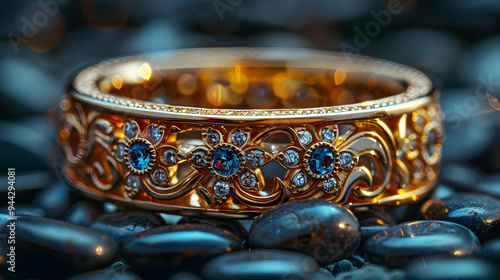 Gold Ring with Blue Gemstones and Diamond Accents - Macro Photography