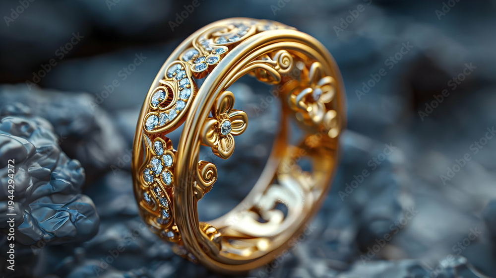 Golden Floral Ring with Diamonds 3D Illustration Golden Floral Ring with Diamonds 3D Illustration