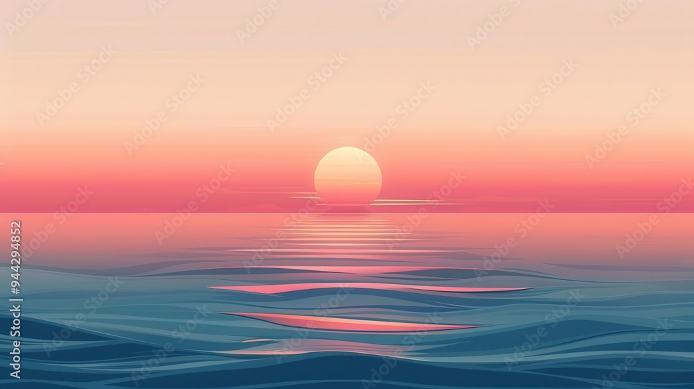 minimalist vector illustration of serene ocean sunset featuring smooth gradients and simple geometric shapes in warm hues minimalist vector illustration of serene ocean sunset featuring smooth gradients and simple geometric shapes in warm hues