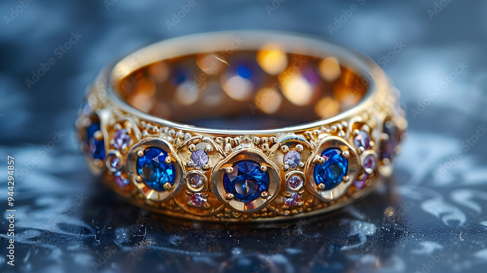 Gold Ring with Blue and Pink Gems - Close-Up Photo Gold Ring with Blue and Pink Gems - Close-Up Photo