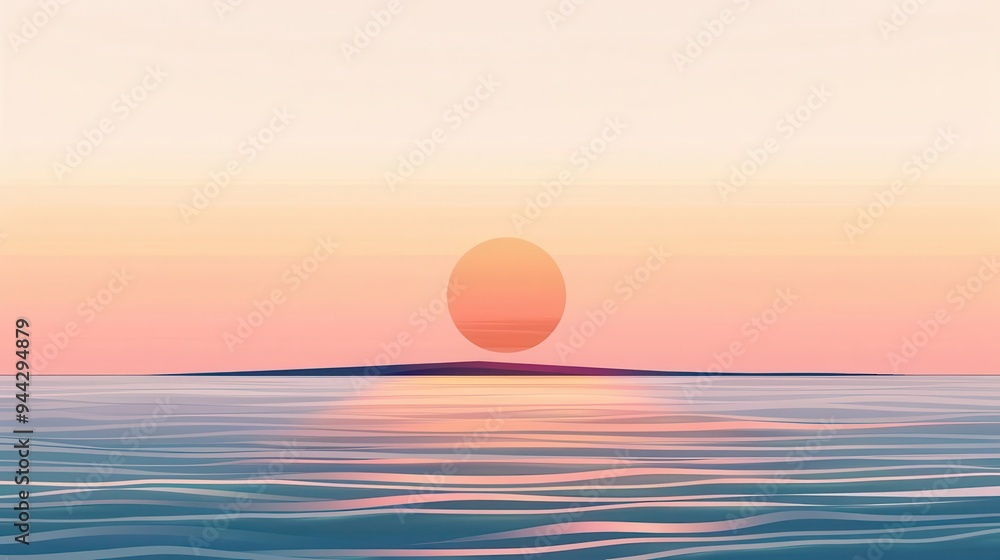 minimalist vector illustration of serene ocean sunset featuring smooth gradients and simple geometric shapes in warm hues