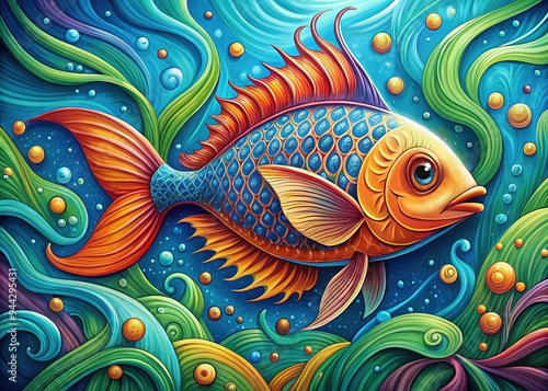 Vibrant, whimsical illustration of a stylized fish with bold lines, bright scales, and playful fins, swimming amidst swirling ocean currents and seaweed tendrils.