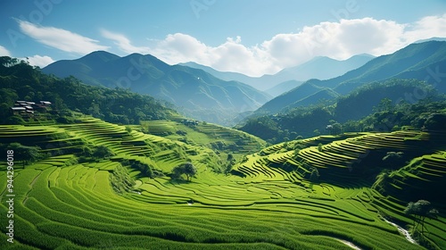 A photo of a scenic rice paddy field with terraces