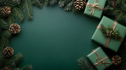 Festive holiday decorations with green gifts and pine cones on a dark green background