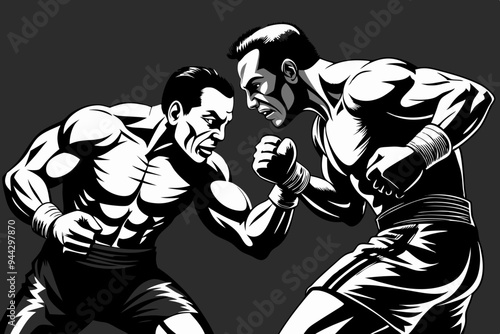 A monochrome illustration showcasing two boxers grappling in an intense match, emphasizing strength, struggle, and competitive spirit through simplistic yet powerful art.
