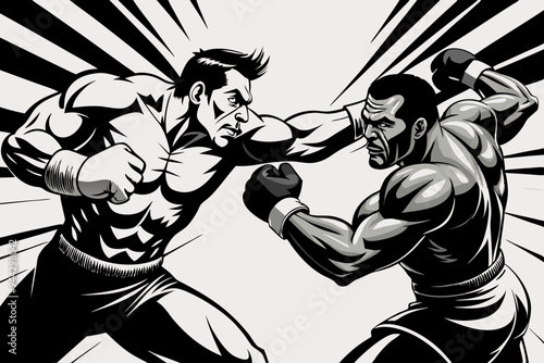 A monochrome illustration showcasing two boxers grappling in an intense match, emphasizing strength, struggle, and competitive spirit through simplistic yet powerful art.
