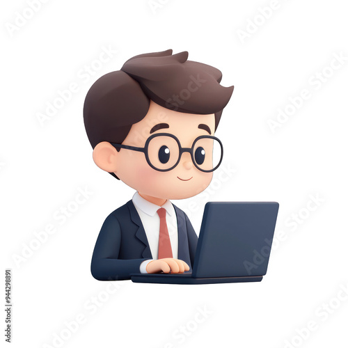 A cheerful young professional working on a laptop, showcasing productivity and modern technology in a cartoon style. transparent background