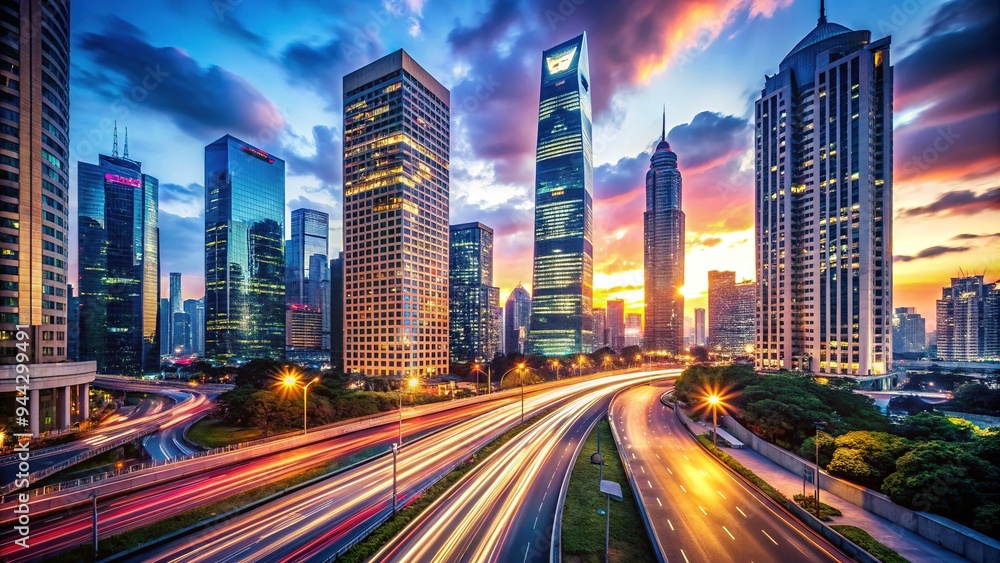 Vibrant cityscape at dusk with sleek skyscrapers, blurred lights, and speeding vehicles conveying a sense of kinetic energy and urban dynamism. Vibrant cityscape at dusk with sleek skyscrapers, blurred lights, and speeding vehicles conveying a sense of kinetic energy and urban dynamism.