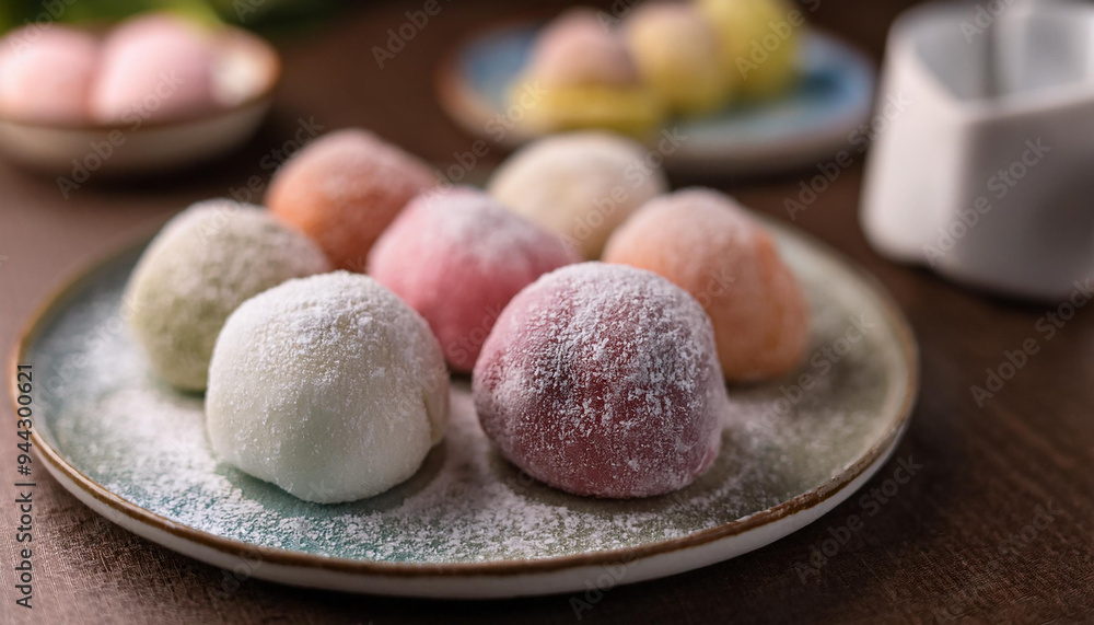 Delicate mochi balls on ceramic plate. Traditional Japanese dessert. Rice cake. Sweet tasty food. Delicate mochi balls on ceramic plate. Traditional Japanese dessert. Rice cake. Sweet tasty food.