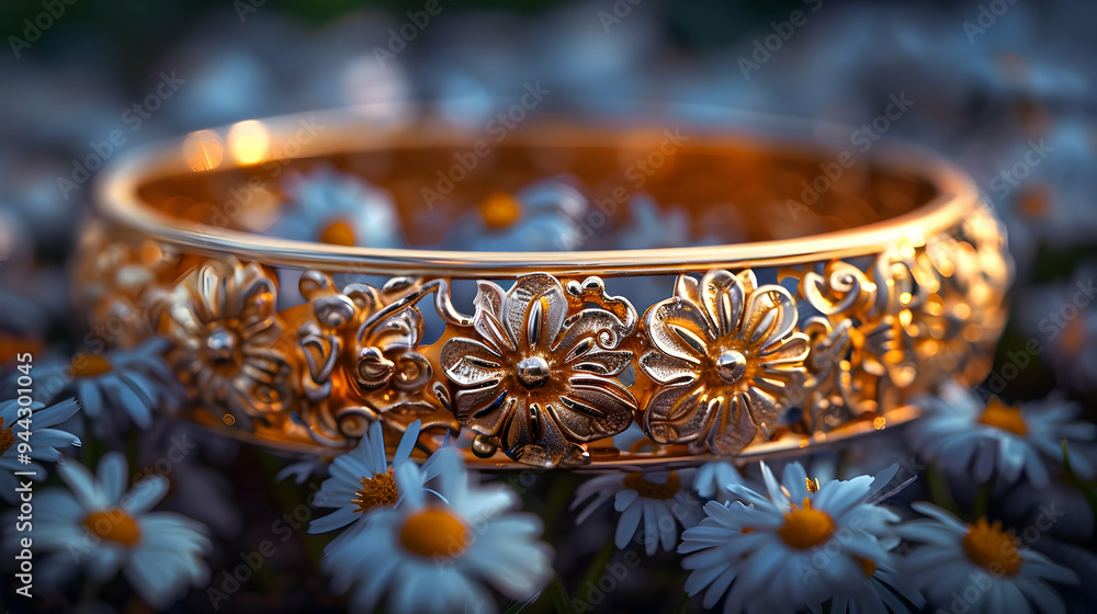 Golden Floral Bracelet on Daisies - 3D Illustration Golden Floral Bracelet on Daisies - 3D Illustration