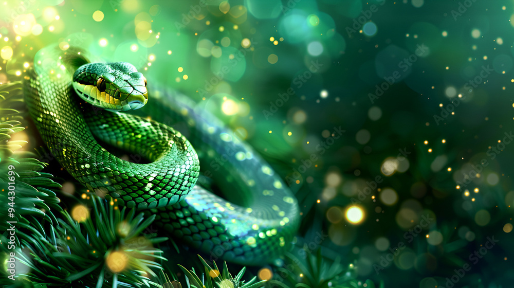 new year background with snake symbol of 2025 new year with pine branches with decorations on green background with confetti and bokeh with copy space new year background with snake symbol of 2025 new year with pine branches with decorations on green background with confetti and bokeh with copy space
