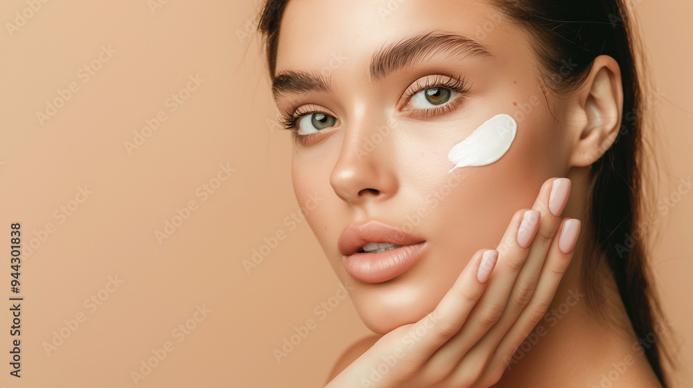 Young woman with perfect facial skin applying white face cream on cheek placed on beige canvas with enough space for text. skin care and application of cosmetics obtained from natural materials. Young woman with perfect facial skin applying white face cream on cheek placed on beige canvas with enough space for text. skin care and application of cosmetics obtained from natural materials.