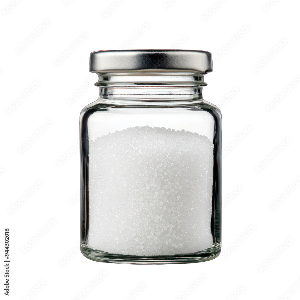 A clear glass jar filled with white sugar, showcasing its fine texture and pure color, ideal for culinary use and food styling. transparent background A clear glass jar filled with white sugar, showcasing its fine texture and pure color, ideal for culinary use and food styling. transparent background