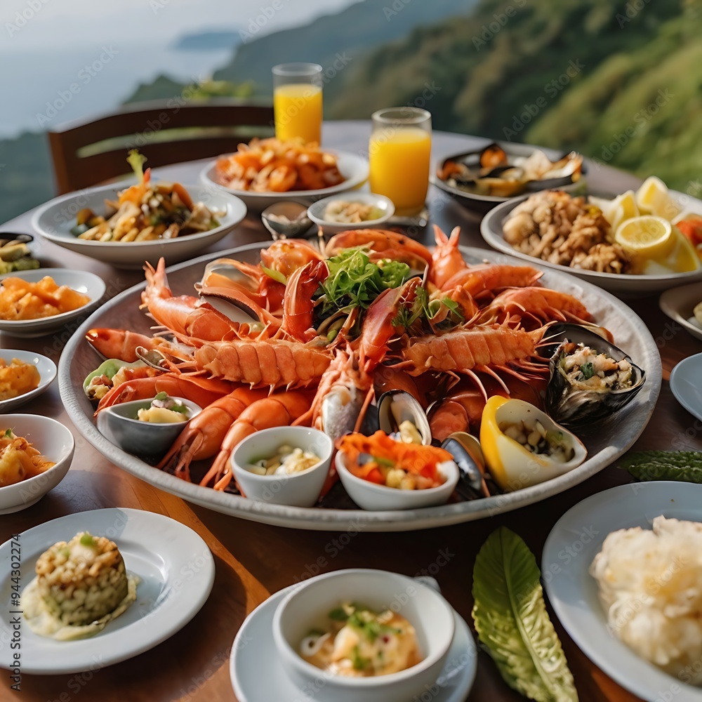 Spicy Korean Ramone with seafood, menu for various seafood dishes, closeup of lobsters and seafood on plate, delicious fresh attractive seafood dishes on the table Spicy Korean Ramone with seafood, menu for various seafood dishes, closeup of lobsters and seafood on plate, delicious fresh attractive seafood dishes on the table