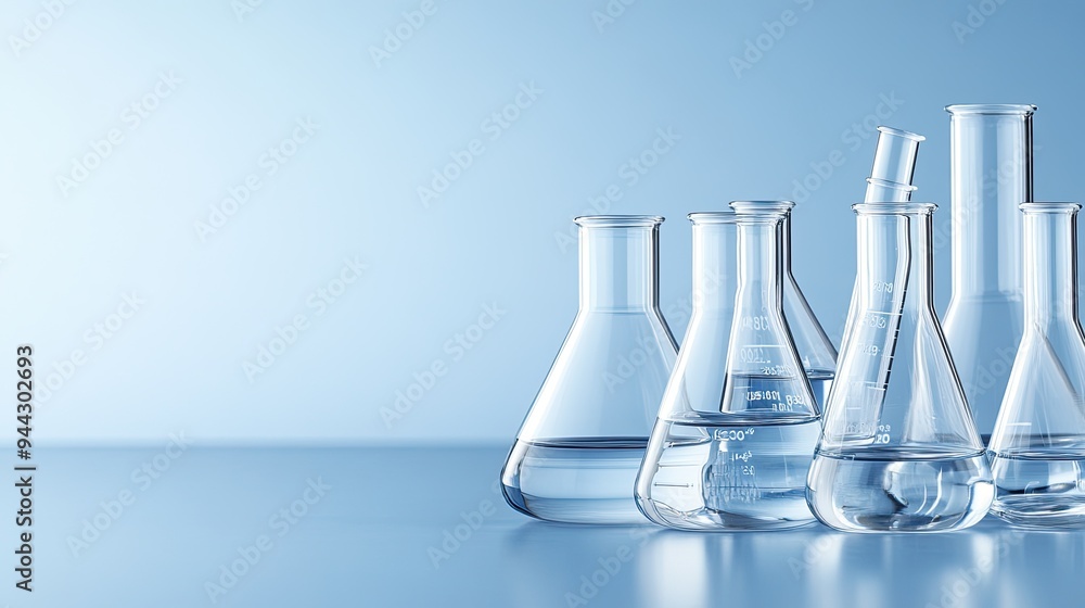 Clear test tubes and flasks filled with liquid are arranged on a table in a laboratory with a calming blue backdrop Clear test tubes and flasks filled with liquid are arranged on a table in a laboratory with a calming blue backdrop