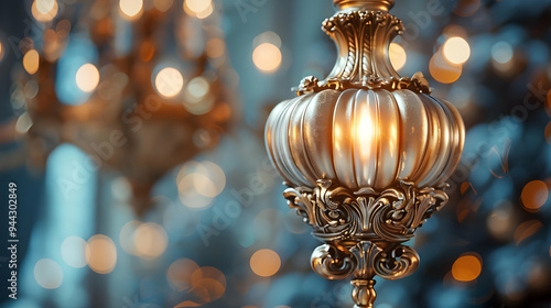 Golden Ornate Chandelier Detail with Bokeh Background - 3D Illustration