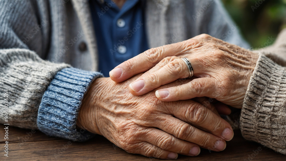 Fototapeta premium Old men and old women hold each other's hands as a symbol of loyalty. Grandfather's and grandmother's hands held together. Senior couple harmony. AI-Generated