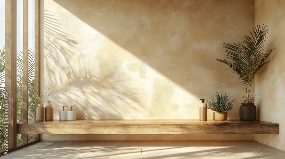 A room with a tan wall and a wooden shelf with a potted plant on it A room with a tan wall and a wooden shelf with a potted plant on it