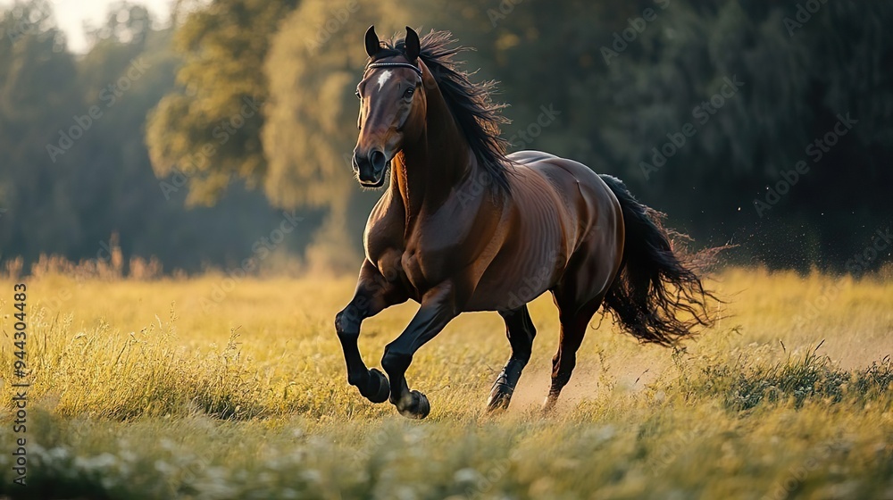 Elegant horse galloping across wide meadows perfect for showcasing dynamic movement and vibrant photography Elegant horse galloping across wide meadows perfect for showcasing dynamic movement and vibrant photography