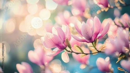 Pink magnolia flowers blooming in spring garden