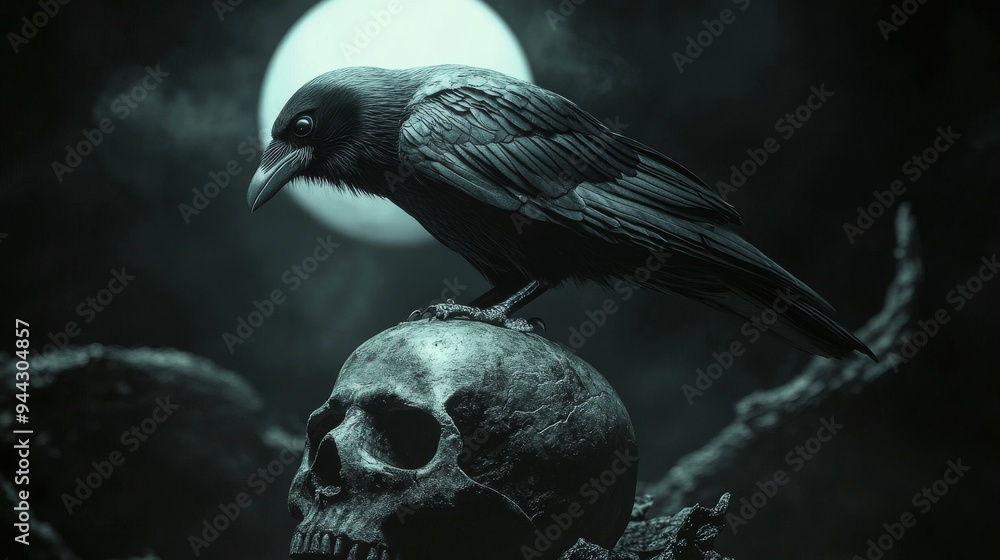 Fototapeta premium Moonlit Cartoon Crow Perched on Skull in Eerie Night
