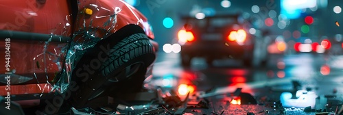 A nighttime scene of a car accident showing a damaged vehicle on a city street. The image captures broken glass and debris, highlighting urban traffic conditions.