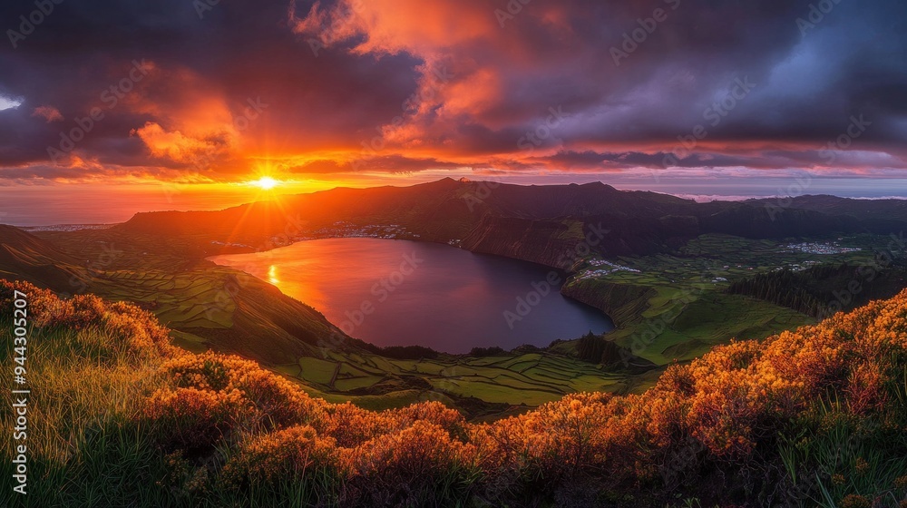 Obraz premium Green valley and Lagoa do Fogo on Azores' San Miguel island