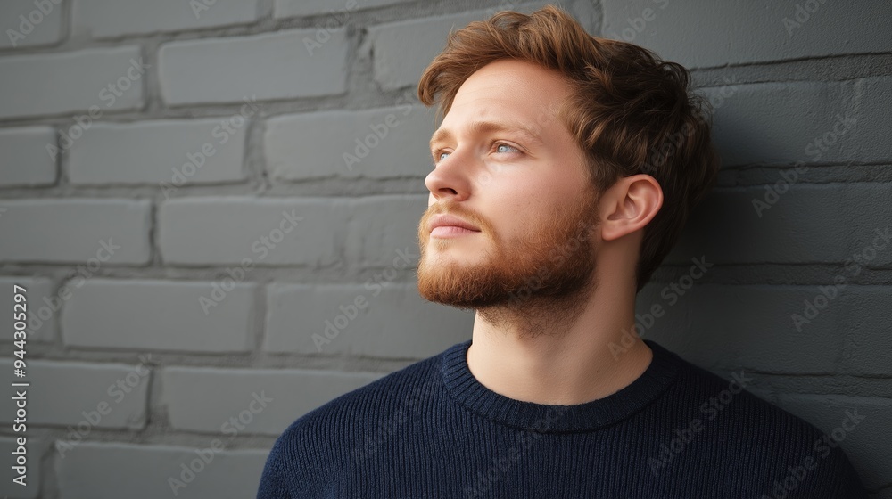 A late-20s Caucasian man with short brown hair and a beard, wearing a navy blue sweater, gazes thoughtfully to the side against a soft gray background A late-20s Caucasian man with short brown hair and a beard, wearing a navy blue sweater, gazes thoughtfully to the side against a soft gray background