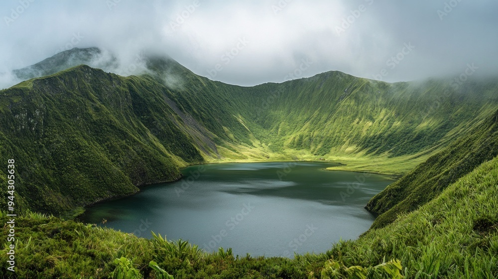 Fototapeta premium Green valley and Lagoa do Fogo on Azores' San Miguel island