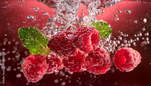 Dojrzałe owoce malin, zanurzone w wodzie, dekoracja generative ai 