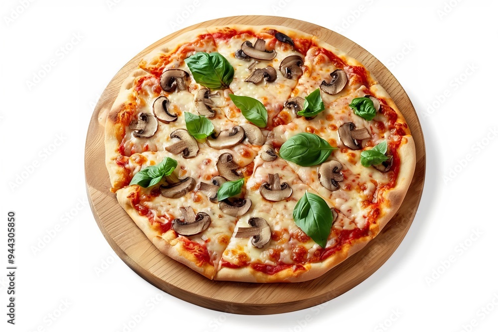 Mushroom Pizza with Fresh Basil on Wooden Pizza Board Mushroom Pizza with Fresh Basil on Wooden Pizza Board