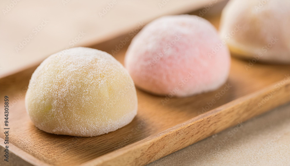 Delicate mochi balls. Traditional Japanese dessert. Rice cake. Sweet tasty food.
