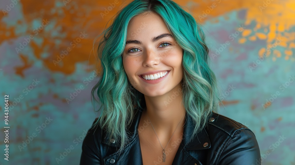 A mid-20s Caucasian woman with vibrant turquoise hair in loose waves, wearing a black leather jacket, smiling confidently against a soft lavender background A mid-20s Caucasian woman with vibrant turquoise hair in loose waves, wearing a black leather jacket, smiling confidently against a soft lavender background