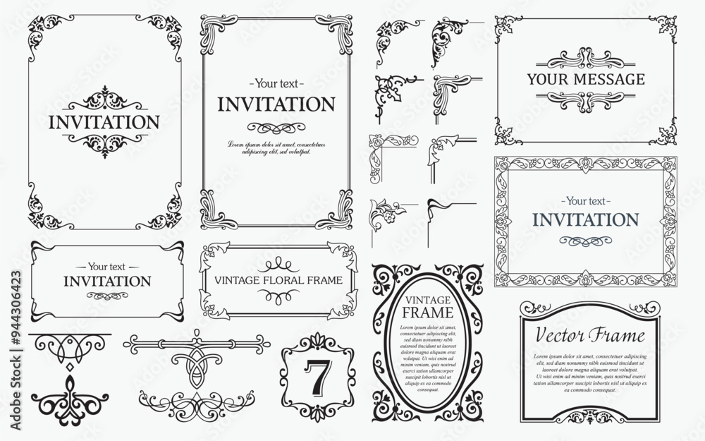 Design elements set, decorative flourish border corner and frame collection for invitation, menu and page decoration Design elements set, decorative flourish border corner and frame collection for invitation, menu and page decoration