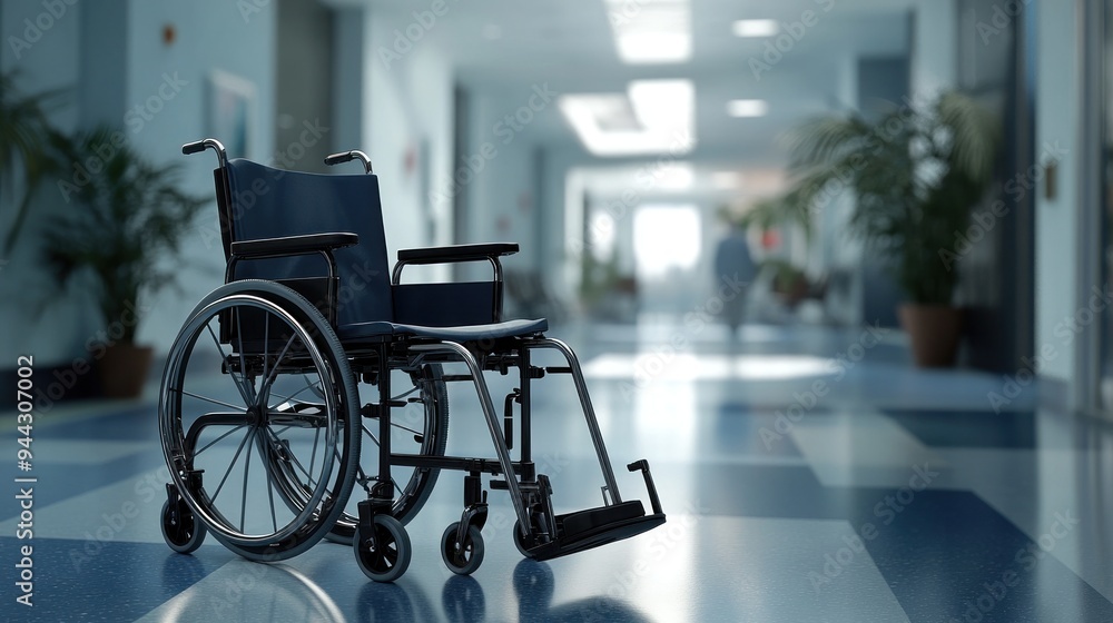 Empty Wheelchair in Hospital Corridor Empty Wheelchair in Hospital Corridor