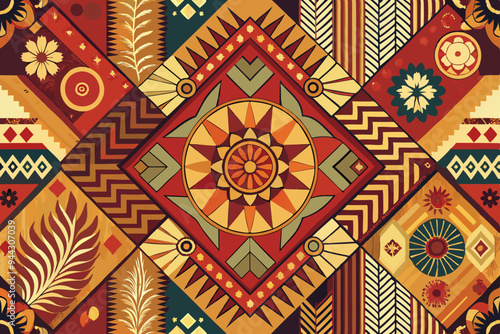 ethnic tribal elements and hibiscus fabric patchwork abstract vintage vector seamless pattern
